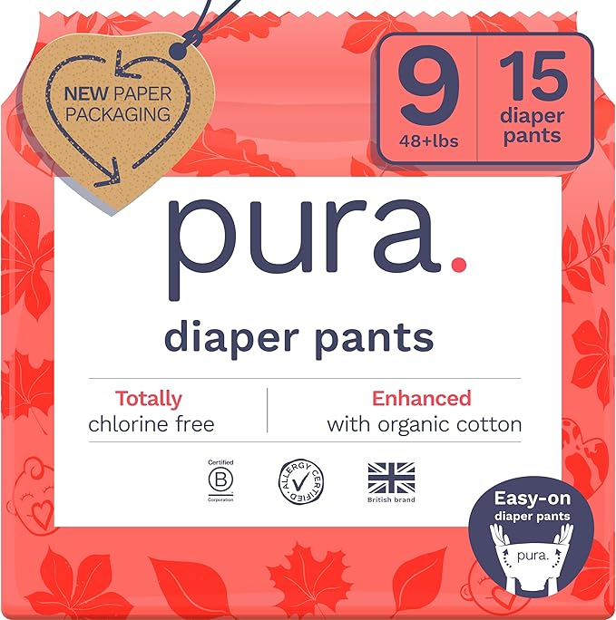 Pura Hypoallergenic Diaper Pants Size 9 (48+ lbs) Overnight, up to 12 Hours Leak Protection, Suitable for Sensitive Skin, Totally Chlorine Free, Soft Organic Cotton, 1 Pack of 15 Pull Up Pants