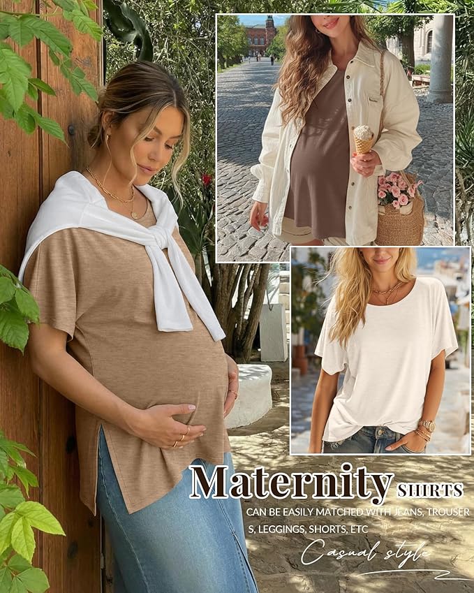 Riyiper 3 Pack Women's Maternity Tunic Shirts Cotton Summer Pregnancy Clothes Loose Oversized Split Side Blouse Tops