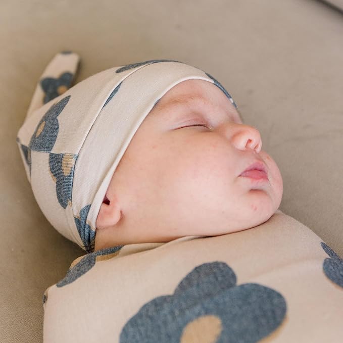 Copper Pearl Baby Beanie Hat Top Knot Stretchy Soft Gemma in Tan