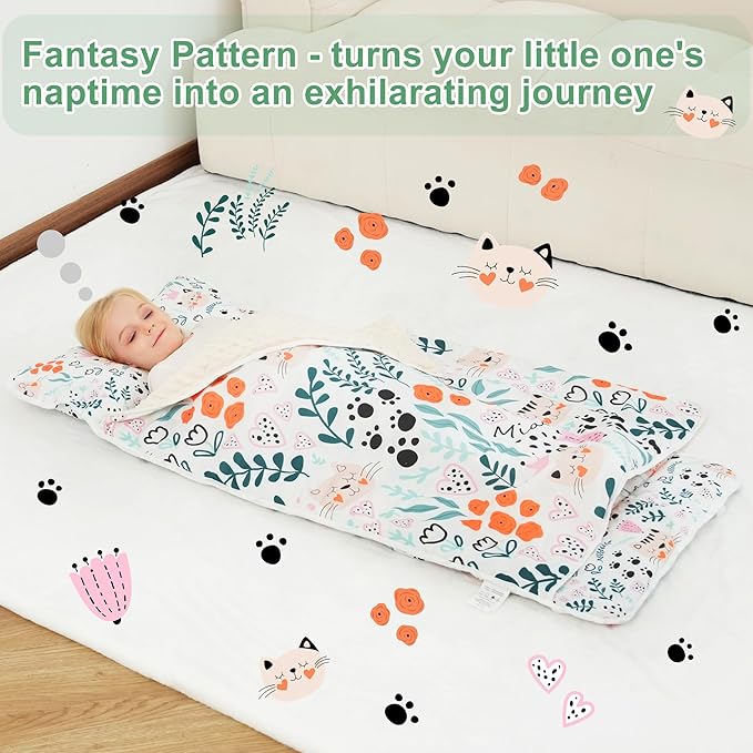 Viviland Toddler Nap Mat with Pillow and Minky Dot Blanket, Rolled Sleeping Mats/Slumber Bag, Large Thick Kids Nap Mat for Preschool, Daycare, Kindergarten, Travel Camping -Cute Cat