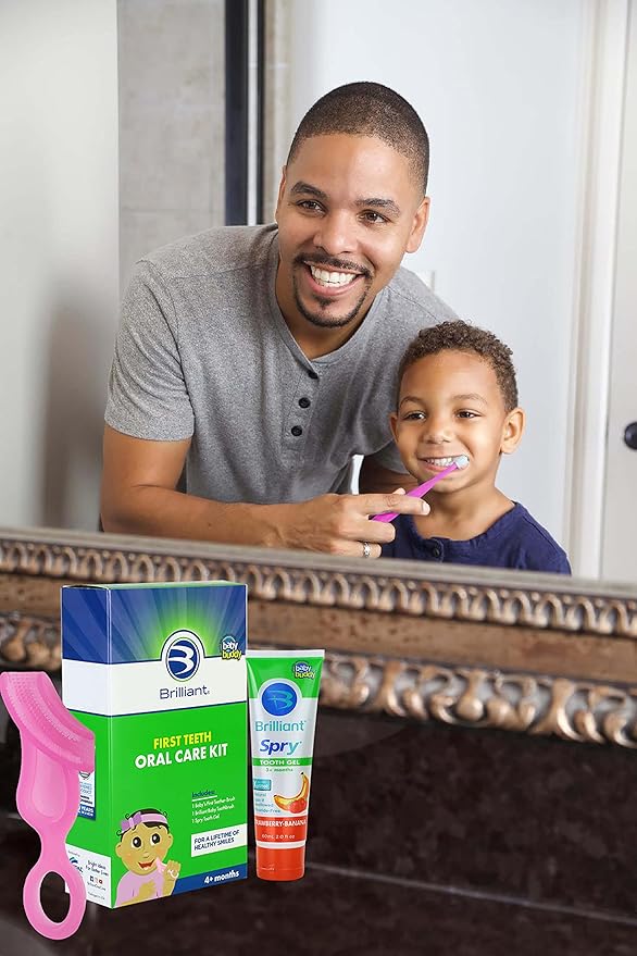 First Teeth Oral Care Kit by Brilliant Oral Care - Includes Baby's 1st Teether Brush, Brilliant Baby Toothbrush & 2oz Spry Strawberry-Banana Tooth Gel 4 Months Old and Up, Pink (00545P)