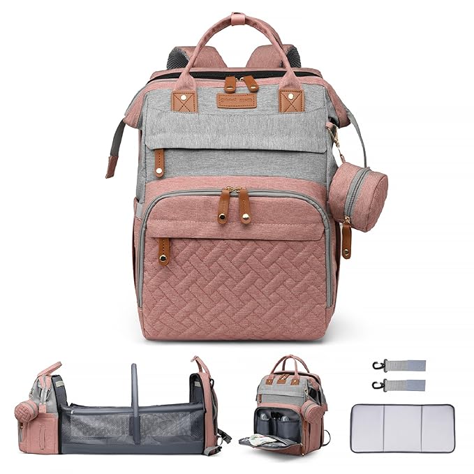 Baby Diaper Bags with Changing Station Multifunctional Waterproof Diaper Bag Backpack Travel Baby Bag with Changing Pad, Pacifier Case,Baby Essentials(PinkGrey)