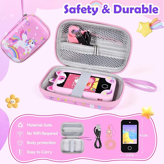 Kids Phone for Girl Toys, Christmas Birthday Gift for Girls Age 3-10, Toddler Learning Toys Phones, 2.8" Touchscreen Kids Smart Phone with Dual Camera, Game, MP3 Player, 32GB Card & Unicorn Bag Pink
