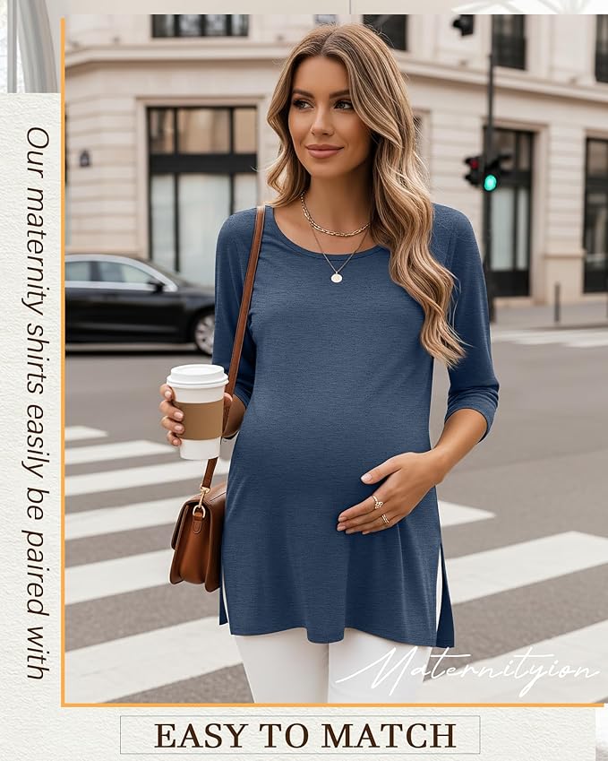 3 Pack Women's 3/4 Sleeve Maternity Shirts Elbow Length Clothes Round Neck Tunics Pregnancy Loose Side Split Tops