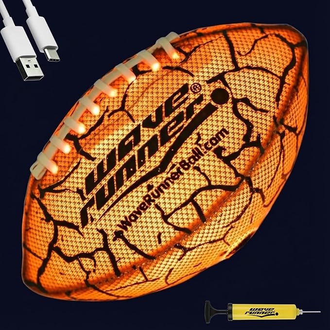 Wave Runner Glow in The Dark LED Football - Junior Size Waterproof Light Up Football, Type-C Rechargeable with Pump, Outdoor Sports Toy for Kids, Teens, and Adults