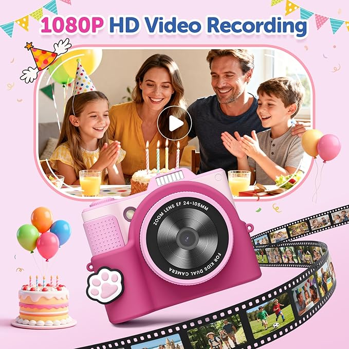 Kids Camera, Christmas Birthday Gifts for Boys Girls Age 3-12,Upgrade HD Flip Digital Video Cameras for Kids, Portable Toys for 3 4 5 6 7 8 9 10 Year Old Childrens with 32GB SD Card-Pink