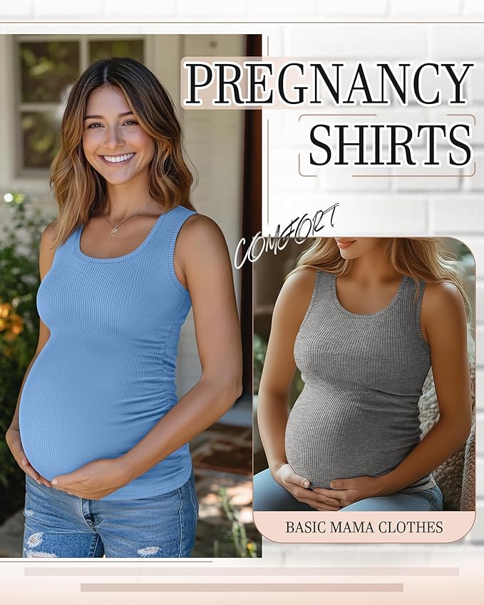 Riyiper 3 Pack Women's Maternity Tank Tops, Sleeveless Cotton Pregnancy Shirts Ribbed Knit Sides Ruched Basic Mama Clothes