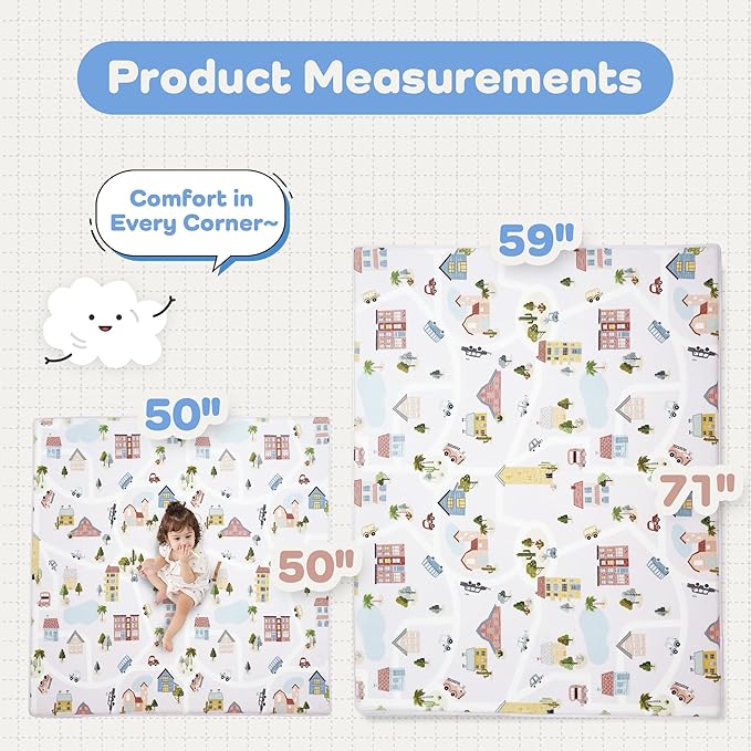 1.3" Thick Educational Baby Floor Play Mat 50x 50, Basic Padded Memory Foam Mat, Non-Slip Plush Playmat for Nursery Playroom Classroom (Community)