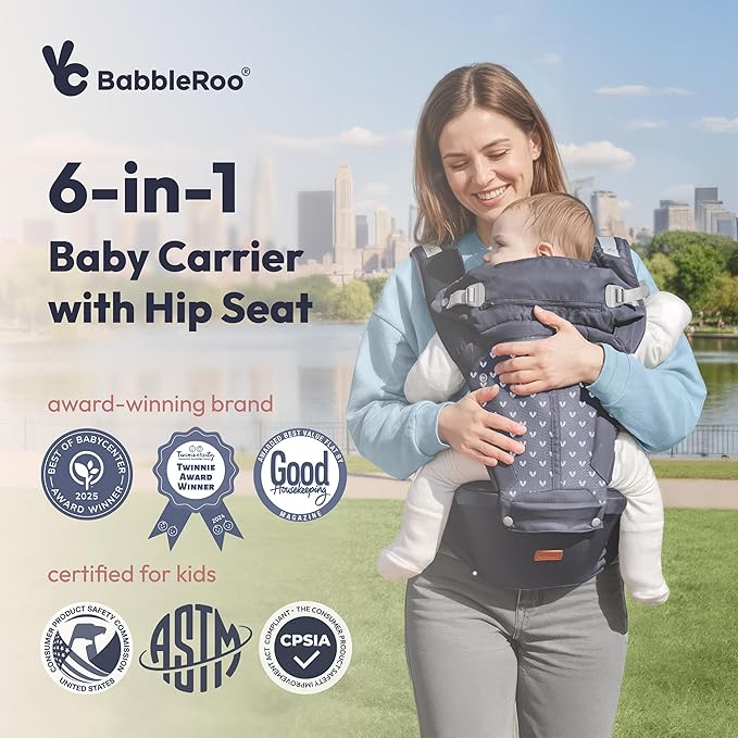 BabbleRoo Grow Carrier – Safety-Certified 6-in-1 Toddler & Baby Carrier with Hip Seat, Ergonomic & Adjustable Toddler Carrier 7-50 lbs with Hip Support, Hood for Sun Protection, Newborn to Toddler