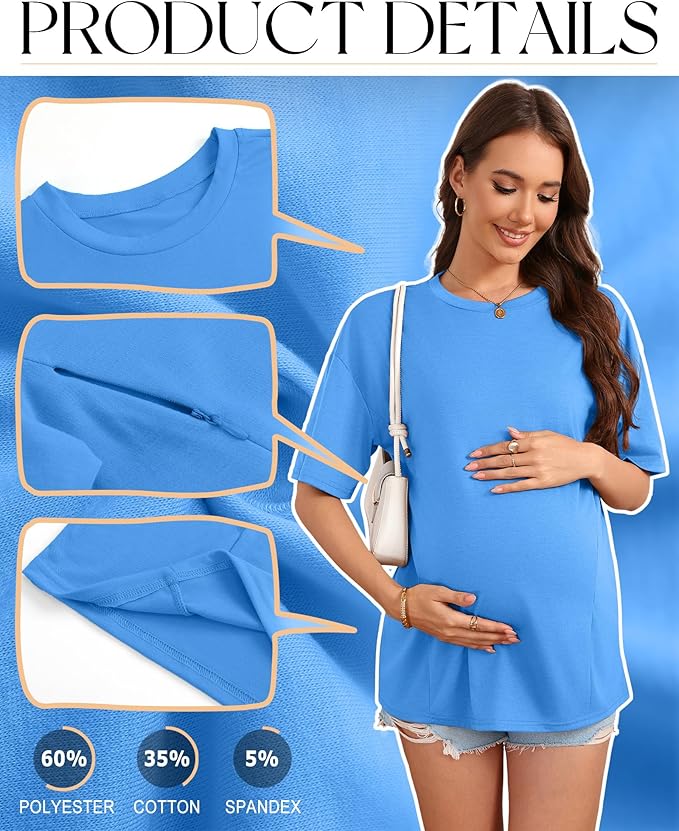 3 Pack Women's Oversize Nursing Breastfeeding Shirts Hidden Zipper Short Sleeve Loose Fit Maternity Tops