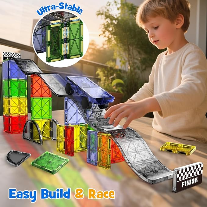 2-in-1 Dynamic Magnetic Downhill & Race Track Set - 40PCS Expandable Magnetic Tiles with Car for Creative STEM Play The Ultimate Travel Toy & Gift for Kids Ages 3-8