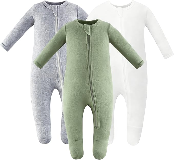 Owlivia Organic Cotton Baby Pajamas, Boys Girls 3-Pack Zip Front Sleep 'N Play, Footed Sleeper, Long Sleeve