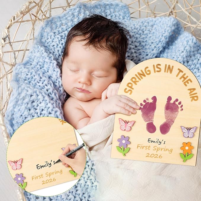R HORSE 3D Baby's First Spring DIY Footprint or Handprint Art Sign, Spring is in The Air Wooden Hanging Decoration, Newborn Keepsake Craft Gift for Unisex Baby 1st Birthday Baby Shower Photo Prop