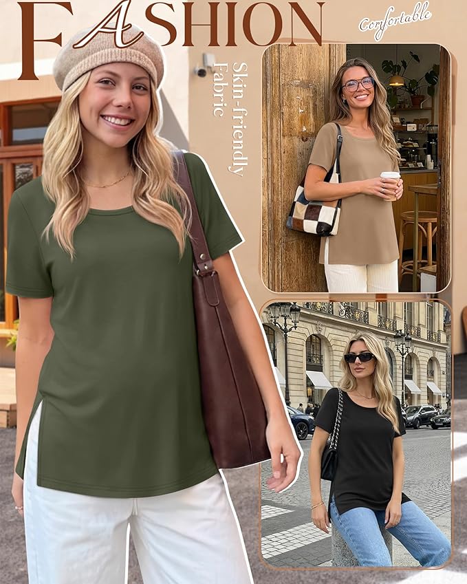 3 Pack Women's Maternity Shirts Short Sleeve Round Neck Side Split Pregnancy Tops Loose Summer Casual Mama Clothes