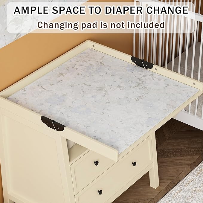 UbabyNest Baby Changing Table with Foldable Tabletop, Baby Dresser with 2 Wide Drawers & Open Storage Space, Modern Diaper Changing Station, Perfect for Nursery, Beige (Pad Not Included)