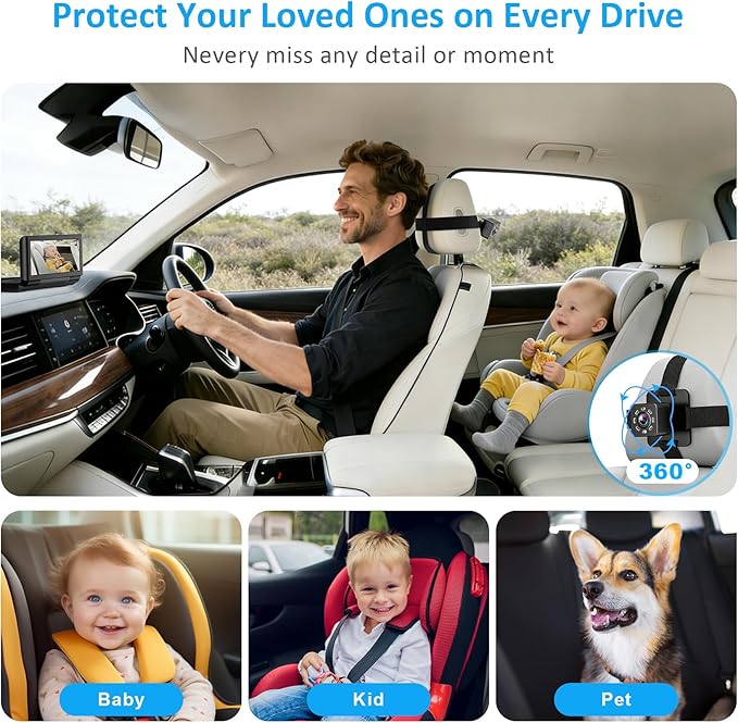 Baby Car Camera for 2 Kids, 6.86" 1080P HD Split Screen Baby Monitor with Dual Backseat Cameras and IR Night Vision, Crystal Clear Wide View Baby Car Mirror for Rear Seat Safety (Not USB)