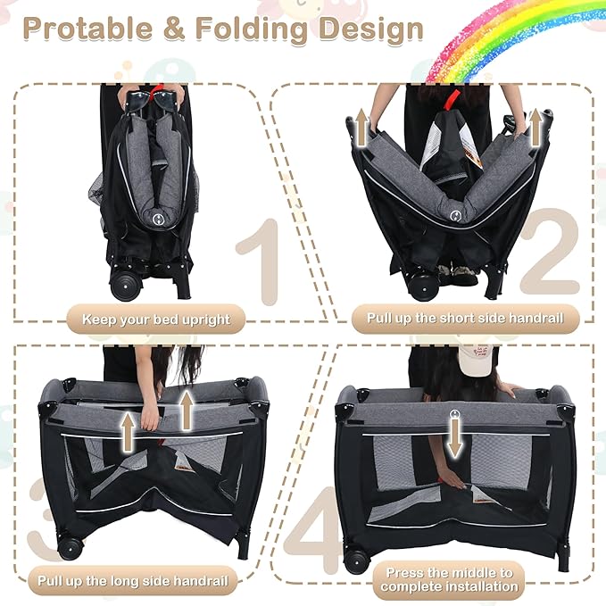 4 in 1 Multifunctional Pack and Play, Foldable Baby Playards with Changing Table & Breathable Mesh, Baby Playpen for Babies and Toddlers, Black