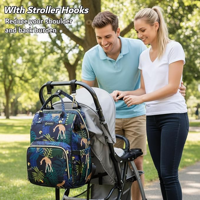 Diaper Bag Backpack, Animal Print Travel Nappy Bag with USB Charging Port Stroller Straps and Insulated Pocket For Women/Mum (Animal Print Pattern)