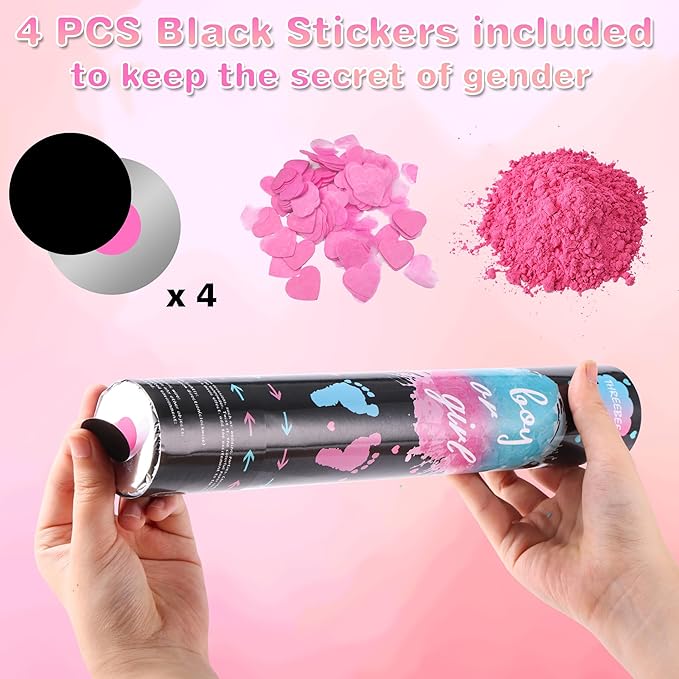 Gender Reveal Confetti Cannon, 4 Pack Biodegradable Confetti Paper with Cornstarch Powder, Confetti Blaster for Girl Gender Reveal, Party Poppers, Pink