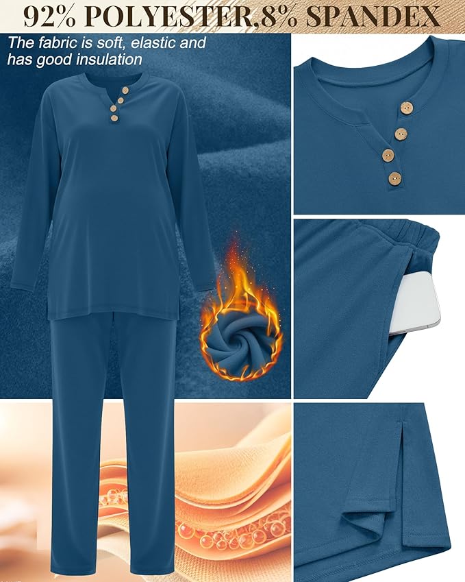 2 Piece Thermal Maternity Lounge Set Postpartum Pregnancy Fleece Loungewear Long Sleeve Top and Wide Leg Pant