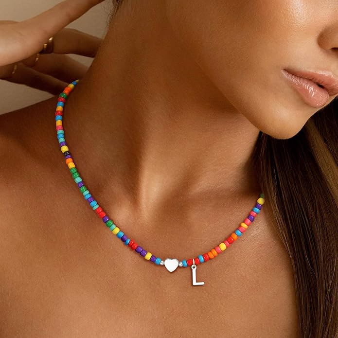 Valentines Day Gifts for Kids Women Girls - Colorful Beaded Initial Necklace Teen Girls Trendy Stuff Dainty Letter Choker Necklace Valentines Day Gifts for Her Mom Wife Jewelry