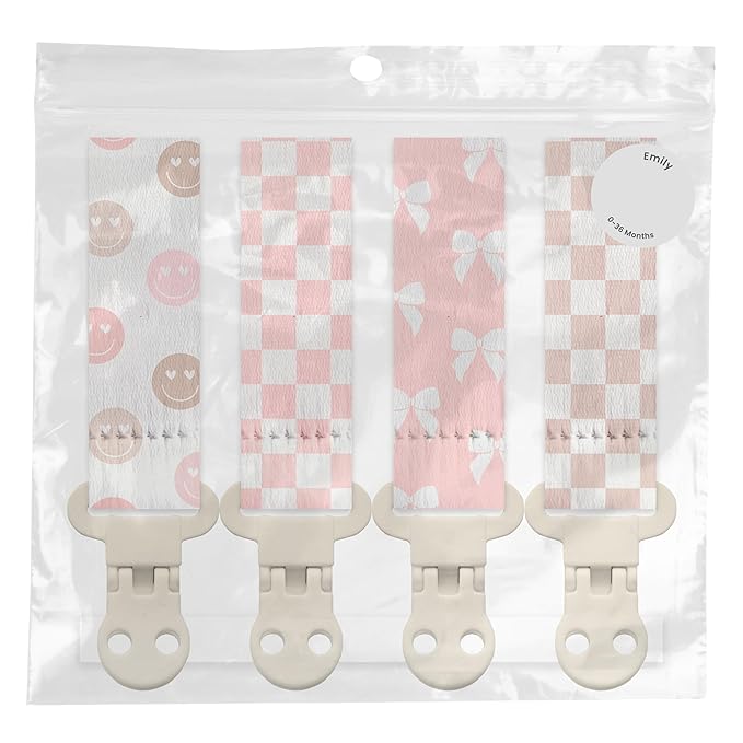 Stadela Baby Fabric Pacifier Clip Holder, Plastic Clip, 4‑Pack, Checker Pattern, Emily Set