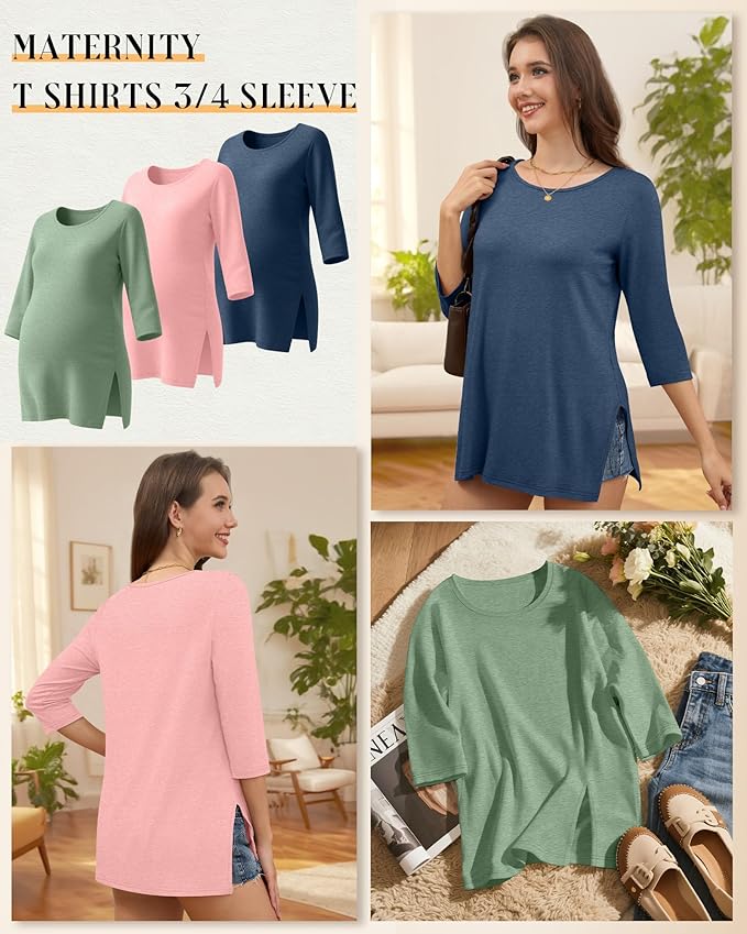 3 Pack Women's 3/4 Sleeve Maternity Shirts Elbow Length Clothes Round Neck Tunics Pregnancy Loose Side Split Tops
