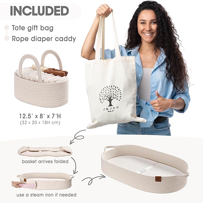 Baby Changing Basket Includes Diaper Caddy - Soft & Waterproof Dual-Cover, Portable, Changing Pad for Dresser & Changing Table, Gift for Baby Shower, Organic Cotton Rope