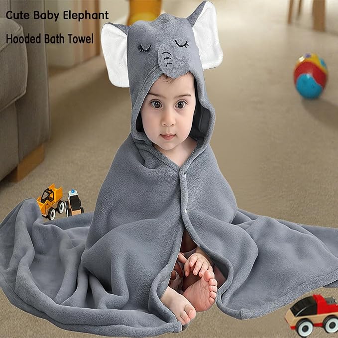 Toddler Bath Towel Baby Towels with Hood 27.5"X55" Ultra Absorbent Soft Bathrobe Blanket Kids Shower Towel for Girls and Boys(Gray Elephant)