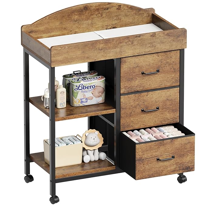 Changing Table Dresser, Baby Dresser with 3 Fabric Drawers and 2 Shelves, Multi-Functional Baby Changing Table with Pad, Classic Nursery Dresser, Diaper Changing Station, Rustic Brown