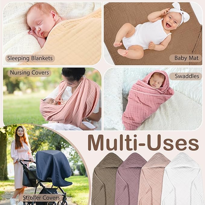 Peryiter 4 Pcs Muslin Hooded Baby Towels 32x32inch Cotton Newborn Bath Essentials Muslin Infant Blankets Absorbent Registry Baby Shower Present for Babies Girl Boy Kids (Coffee)