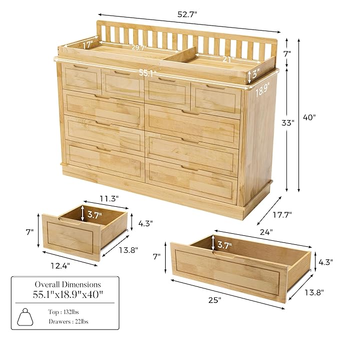 Homsee Baby Changing Table Dresser, 100% Solid Wood Infant Diaper Changing Station Combo, 10-Drawer Baby Nursery Dresser with Removable Tray for Children's Room Bedroom, Nature Color 55.1"W