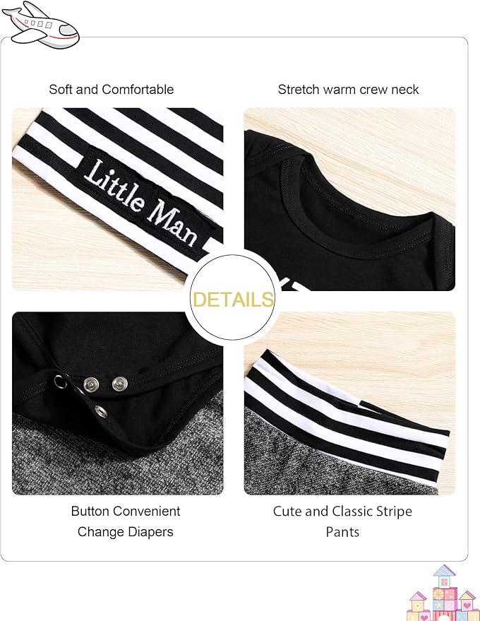 Fommy Newborn Baby Boy Clothes New to The Crew Letter Print Romper+ Pants+Hat 3PCS Outfit