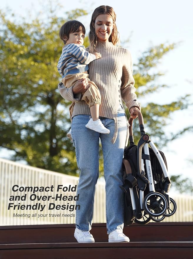 Babideal Lightweight Travel Stroller for Baby, Self-Folding Toddler Stroller with Large Canopy, Full-Reclining Seat, Cup Holder Included - Newborn to 50lbs. (Grey)