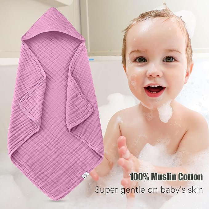 2 Pack Hooded Baby Towels - 100% Muslin Cotton for Newborns, Infants, Toddlers - Large 32x32 Inch Size - Highly Absorbent and Essential for Newborn Care, Deep Sakura