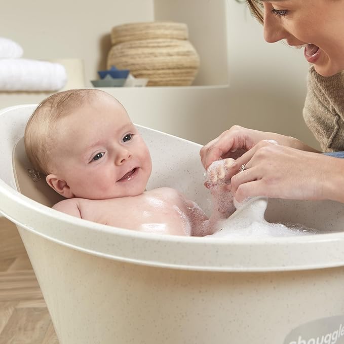 Shnuggle ECO Newborn Baby Bath | Recycled Material with Built-in Support Bump and Soft Backrest | Suitable from Newborn | Includes Water Plug | Cookies and Cream Colour | Beige Taupe Speckled