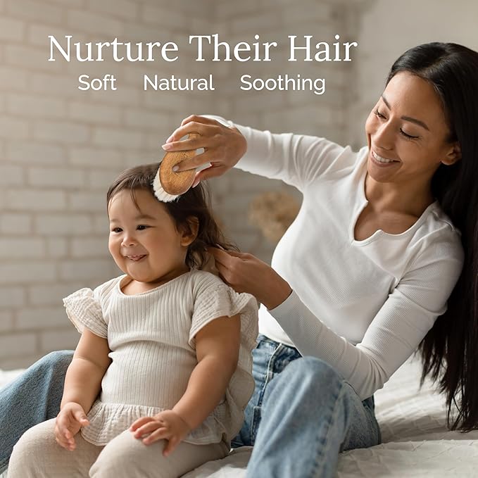 Natemia Wooden Baby Hair Brush & Comb Set - Pack of 3, Oval - Natural Goat Hair Bristles & Soft Bristle Brush - Gentle Scalp Massage & Cradle Cap Comb - For Newborns & Toddlers, Baby Grooming Kit
