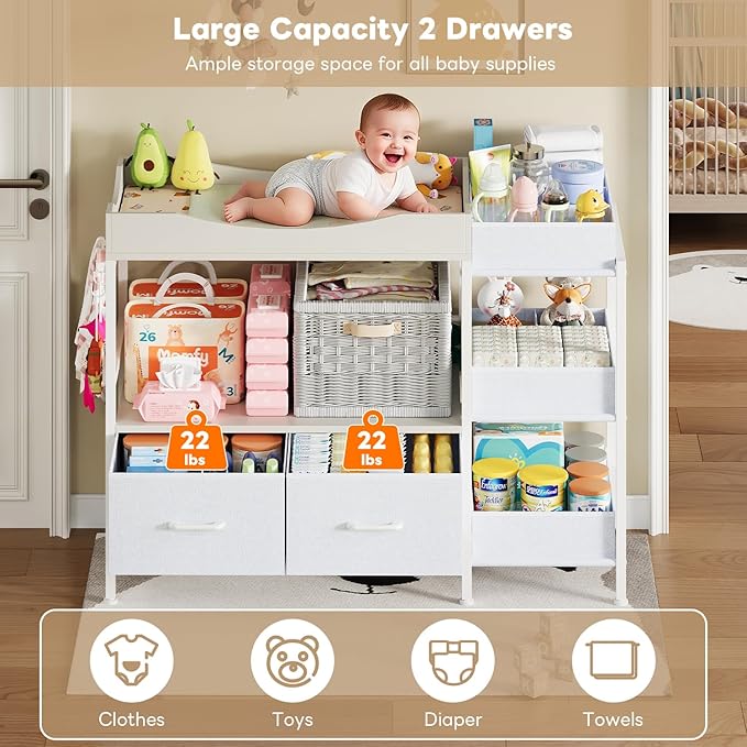 Baby Changing Table with Storage,Heavy-Duty Diaper Changing Station, White Nursery Dresser Organizer with 2 Large Fabric Baby Drawers, 3 Diaper Caddy Bin & Wood Shelf, Kids & Baby Bedroom Furniture