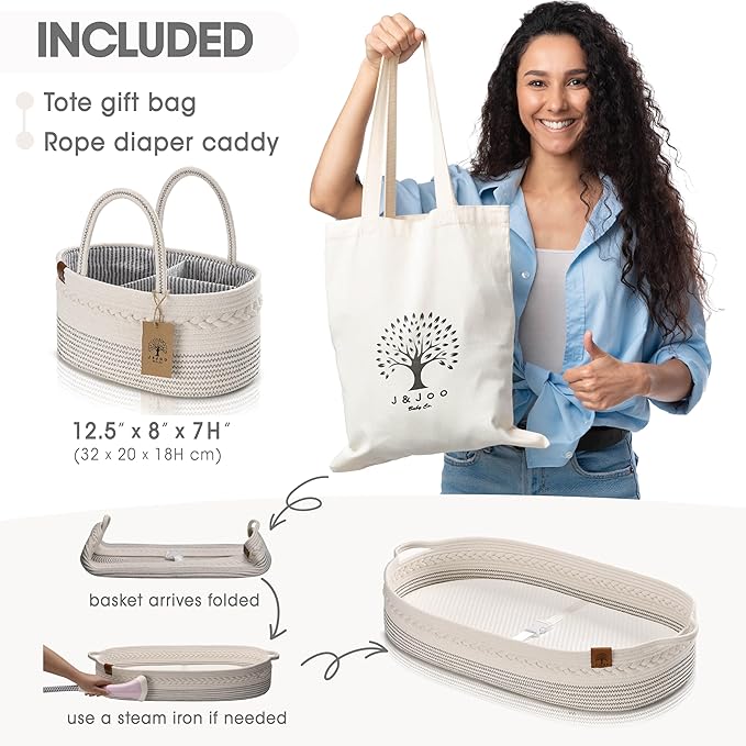 Baby Changing Basket Includes Diaper Caddy - Soft & Waterproof Dual-Cover, Portable, Changing Pad for Dresser & Changing Table, Gift for Baby Shower, Organic Cotton Rope