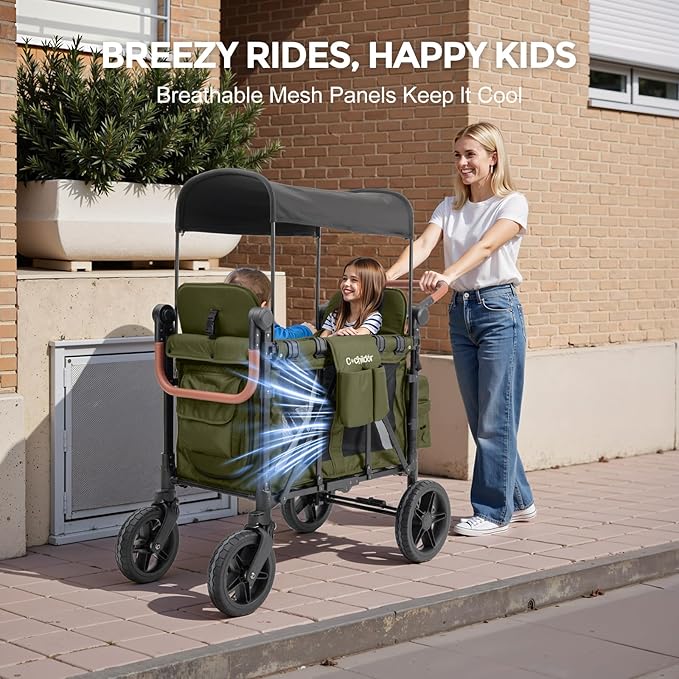 Premium 2 Seater Wagon Stroller for Kids, Foldable All-Terrain Stroller Wagon with Removable Seats, Adjustable 5-Point Safety Harness, Canopy, and Dual Handles, Green