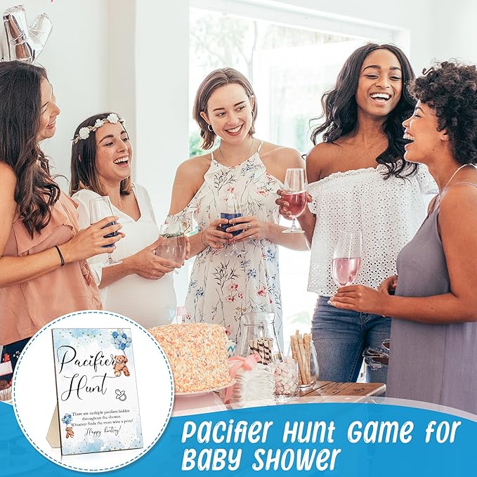 Roowest 51 Pcs Pacifier Hunt Baby Shower Game, Include Wooden Hunt Sign Bear Themed Baby Shower Sign Board with 50 Acrylic Pacifier Game for Gender Reveal Party(Blue)