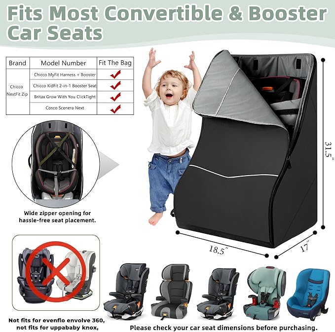 Car Seat Travel Bag for Airplane – Waterproof Heavy Duty Carseat Backpack for Gate Check or Airport Travel – Fits Infant, Convertible & Booster Seats, Black