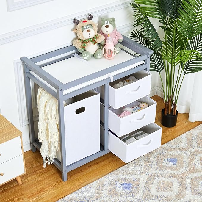 Wooden Baby Changing Table, Modern Diaper Changing Table, Infant Diaper Changing Station Dresser with Laundry Hamper, 3 Drawer Basket and Changing Pad