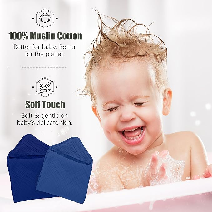 2 Pack Hooded Baby Towels - 100% Muslin Cotton for Newborns, Infants, Toddlers - Large 32x32 Inch Size - Highly Absorbent and Essential for Newborn Care, Deep Navy