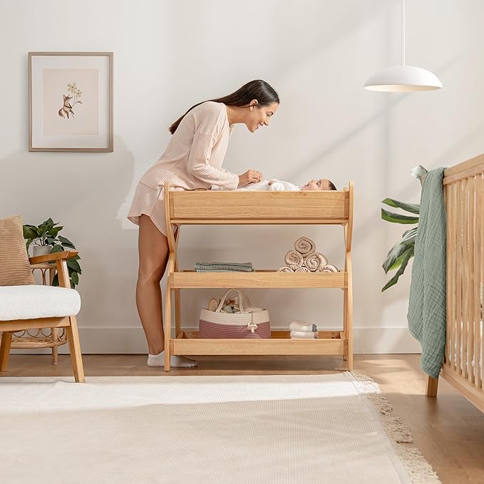 Comfy Cubs Baby Changing Table - Sturdy Wood Construction, Timeless Look Baby Change Table with Two Open Shelves for Infant Daycare Essentials Storage - Natural Wood