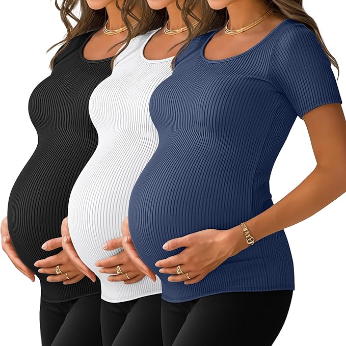 Neer 3 Pack Women's Ribbed Maternity Tops Pregnancy Round Neck Shirts Short Sleeve Soft Maternity Clothes for Mama