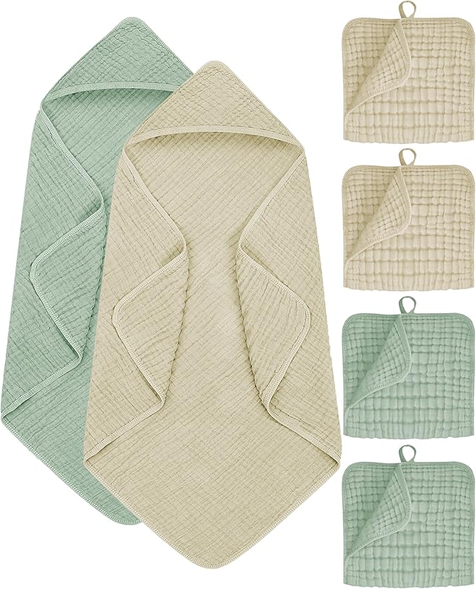 6Pcs Baby Muslin Hooded Bath Towels and Washcloths,32"x 32" Muslin Cotton Hooded Baby Towels for Newborn Shower