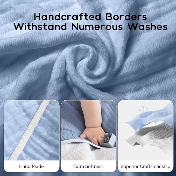 2 Pack Baby Hooded Bath Towel - 100% Muslin Cotton, 32x32 Inch, Gray & Blue with White Trim, Soft Absorbent Newborn Infant Toddler Towel