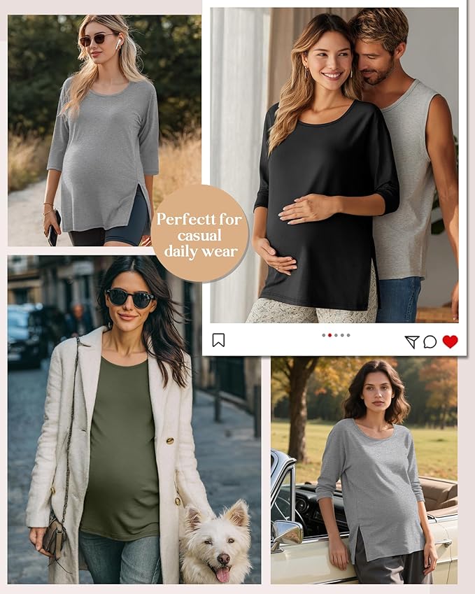 3 Pack Women's 3/4 Sleeve Maternity Shirts Elbow Length Clothes Round Neck Tunics Pregnancy Loose Side Split Tops