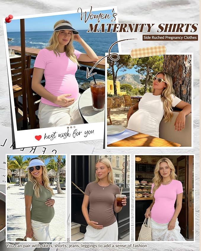 Huukeay 4 Pack Women's Maternity Shirts, Crew Neck Maternity Top Short Sleeve Casual Cotton Tee Side Ruched Pregnancy Clothes